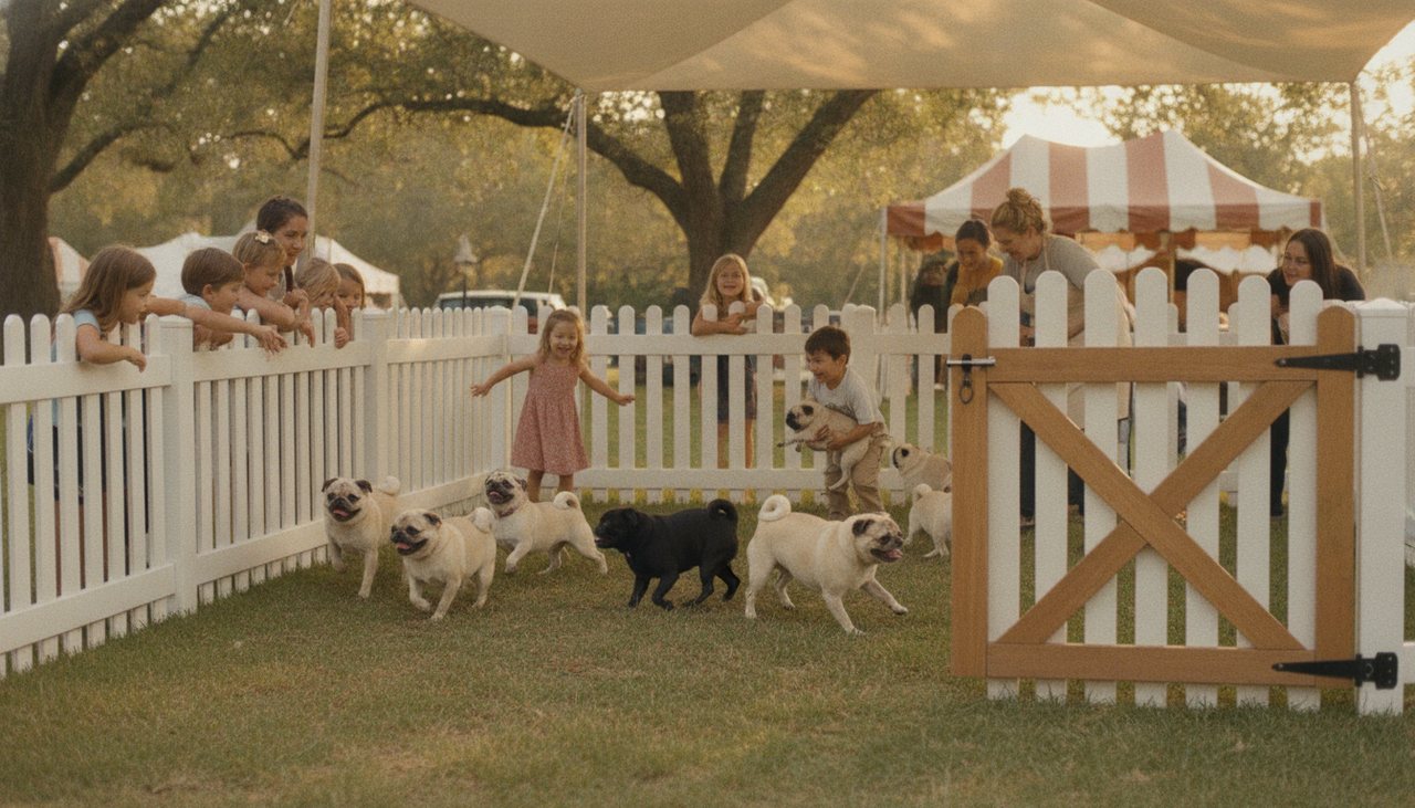 A sunny outdoor pop-up pug adoption event with tents and volunteers in a Las Vegas park