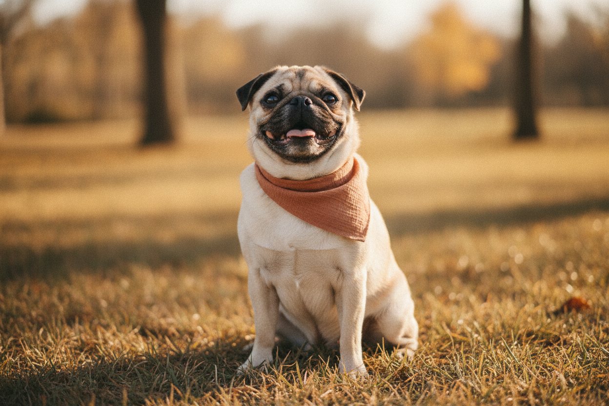 A fawn pug in a terracotta bandana at golden hour