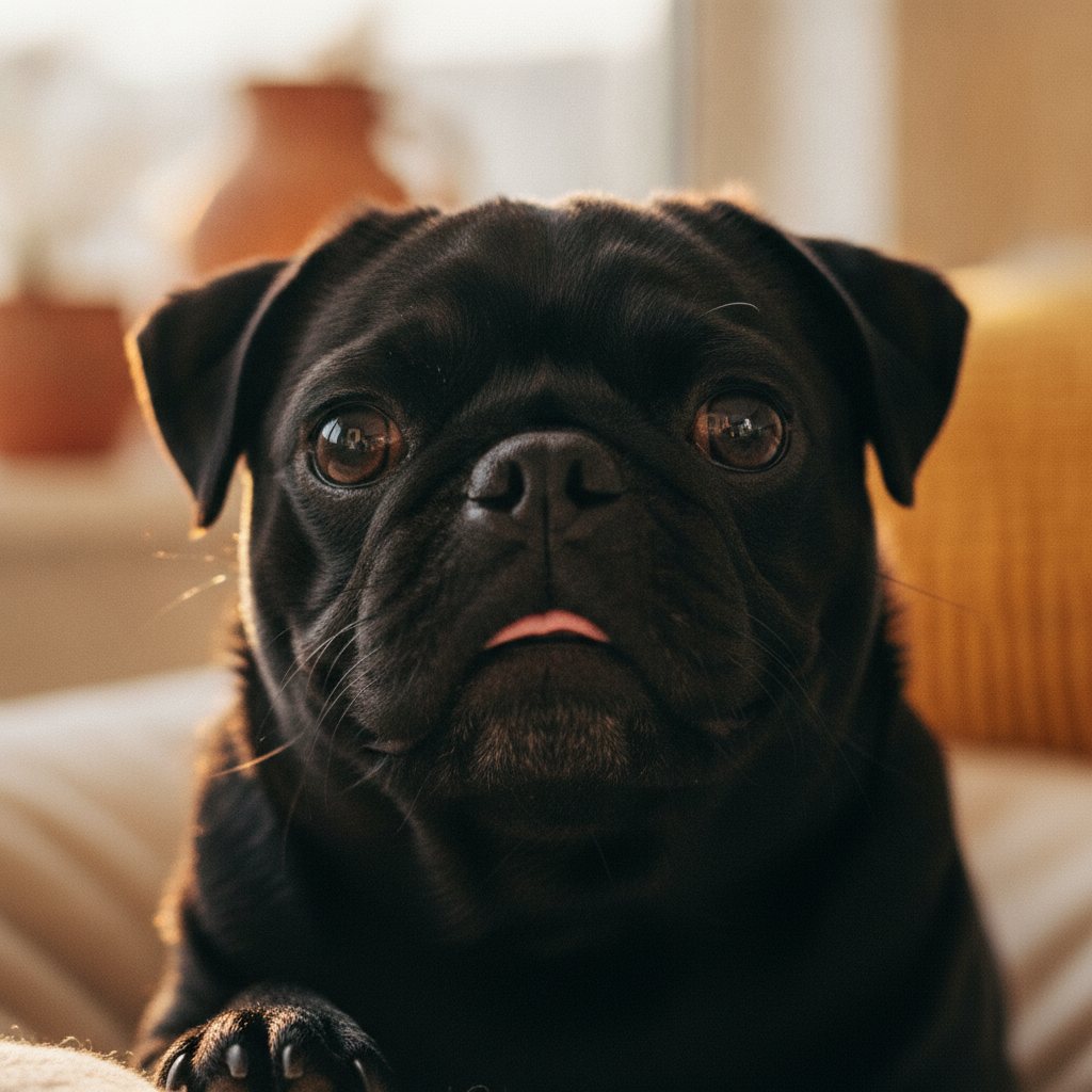 Close-up of a black pug's shining eyes