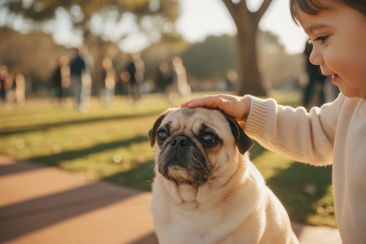 A child gently petting a pug at an event