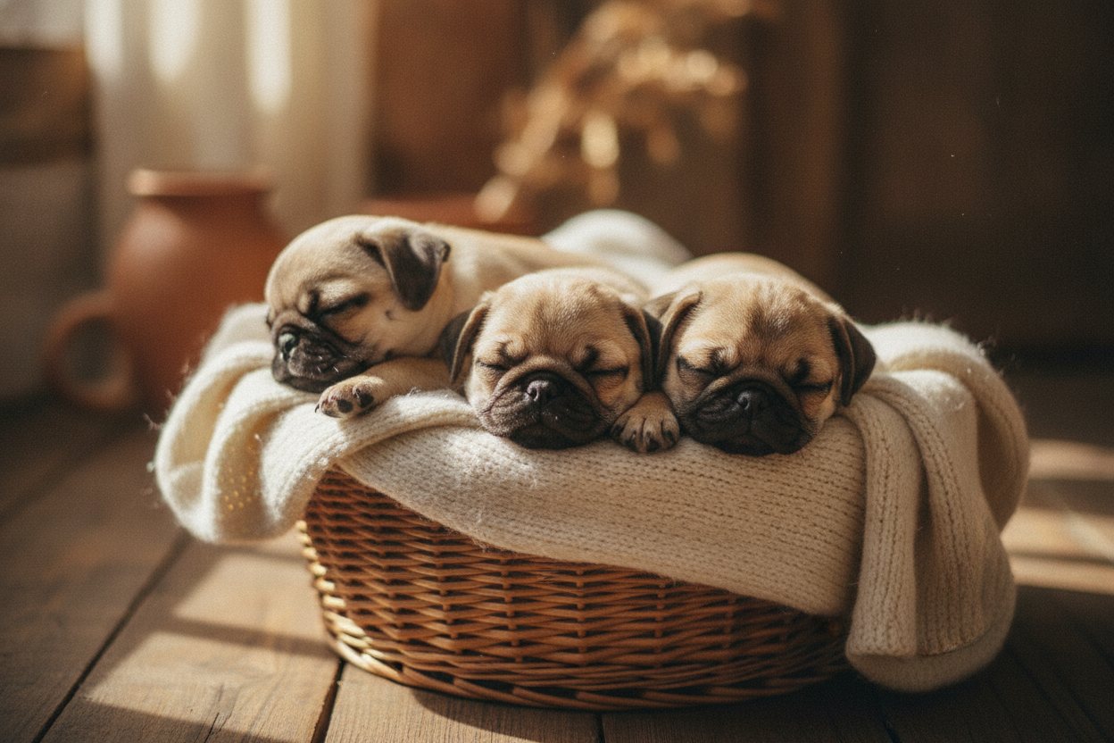 A pile of foster pug puppies napping in a blanket