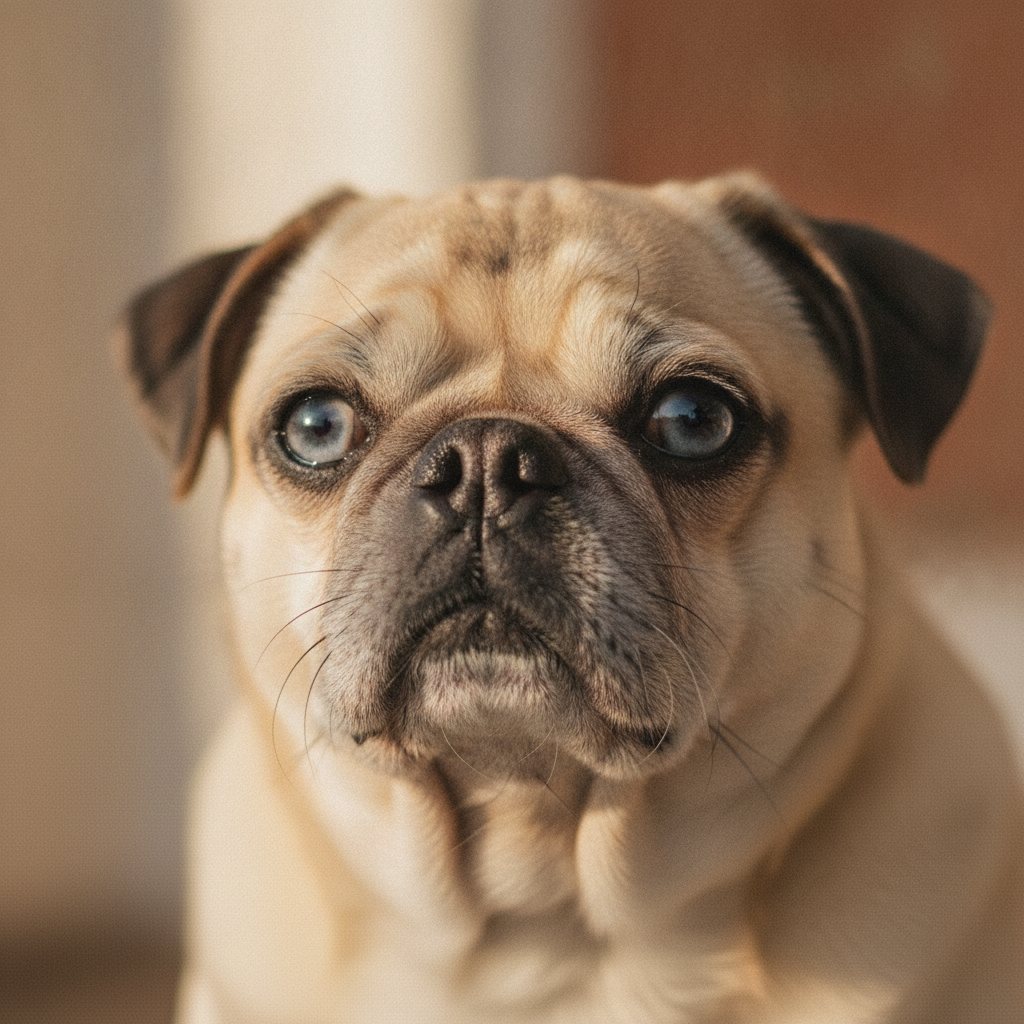A soulful senior pug with a gray muzzle