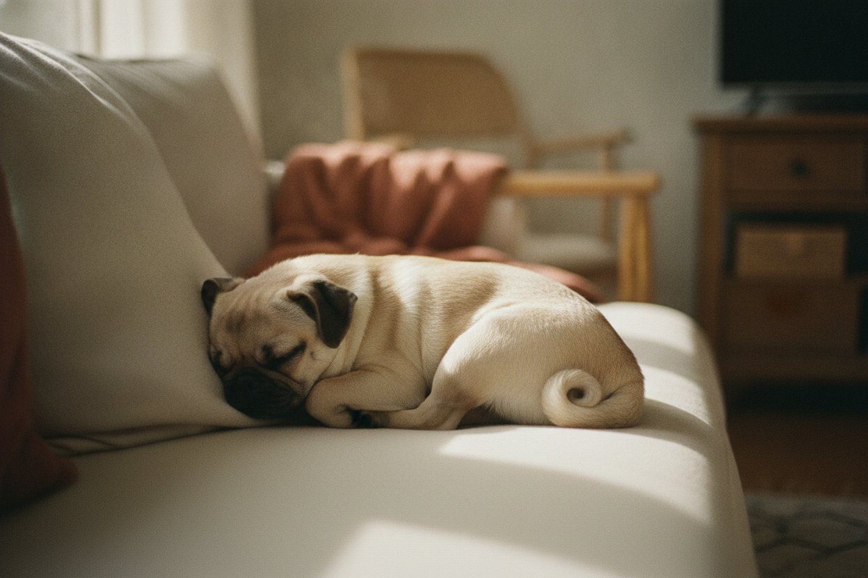A pug asleep curled on a cream couch