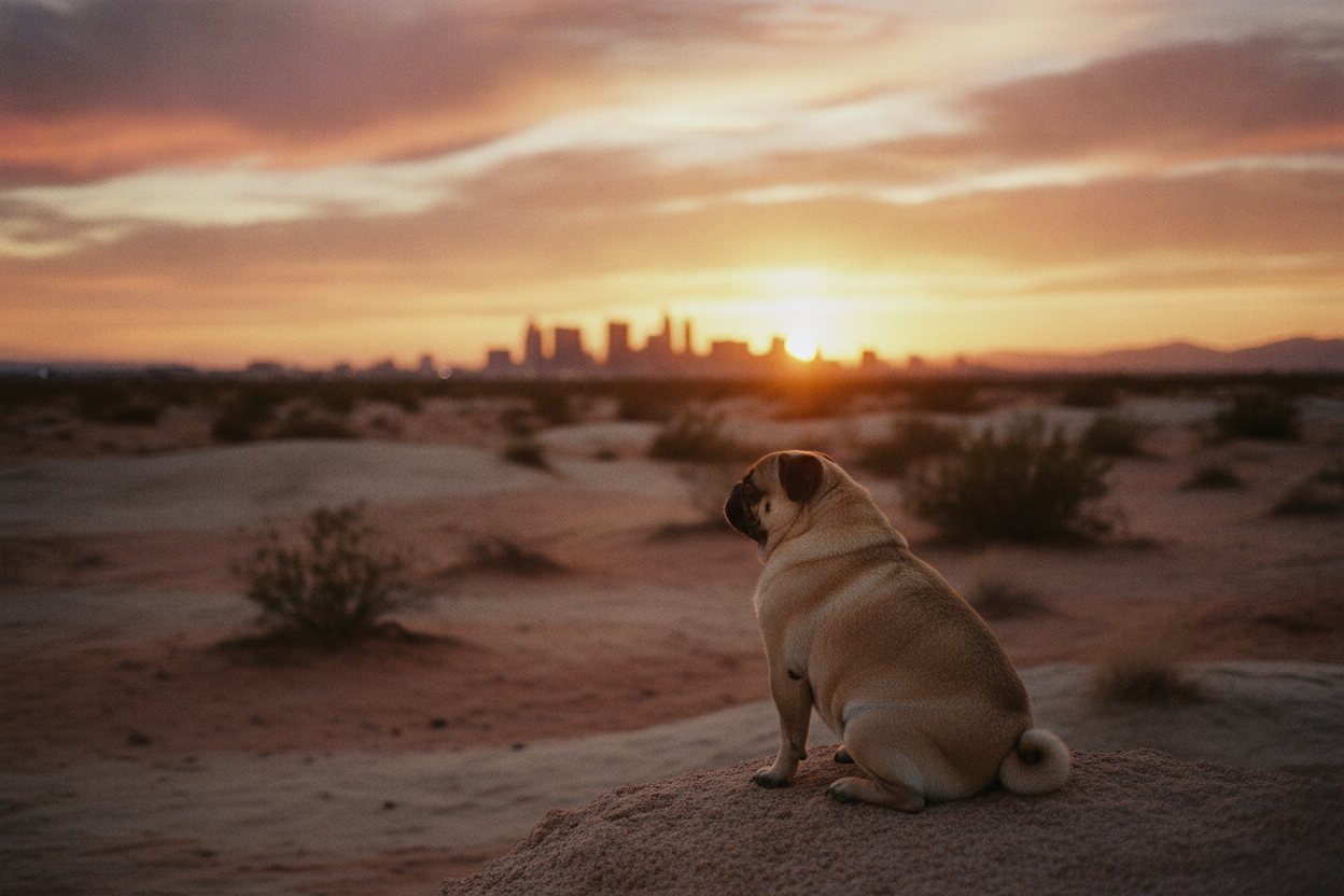 A pug silhouetted against a Las Vegas desert sunset