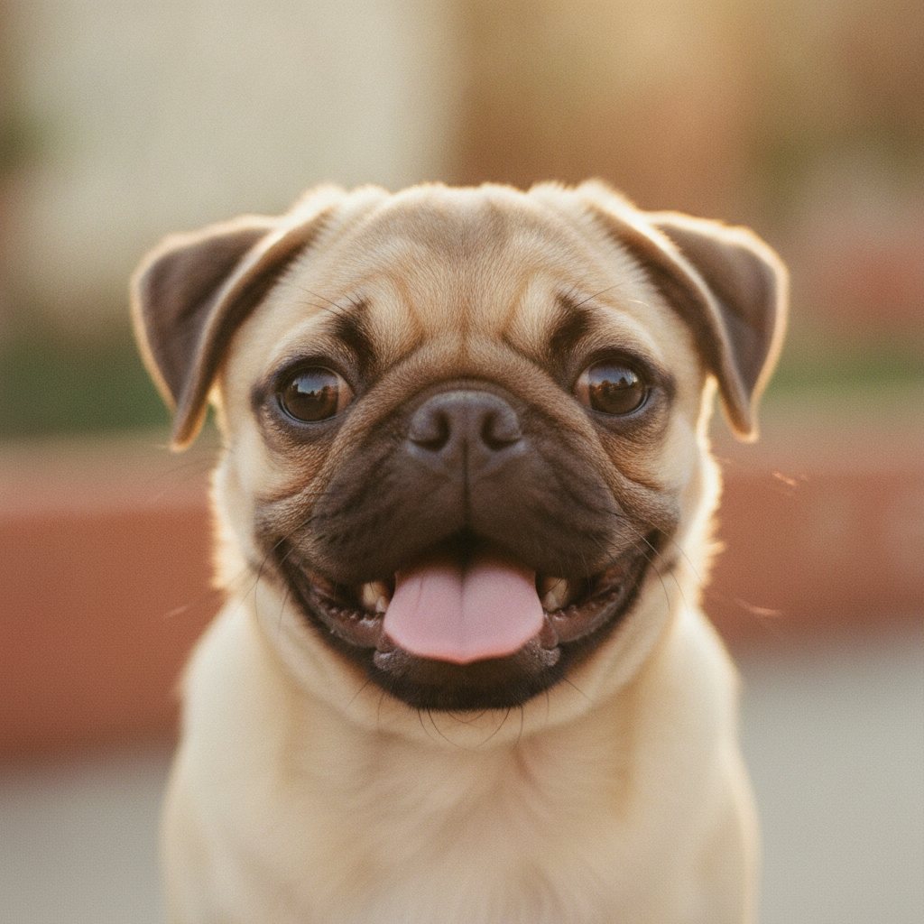 A fawn pug with its tongue out, happy