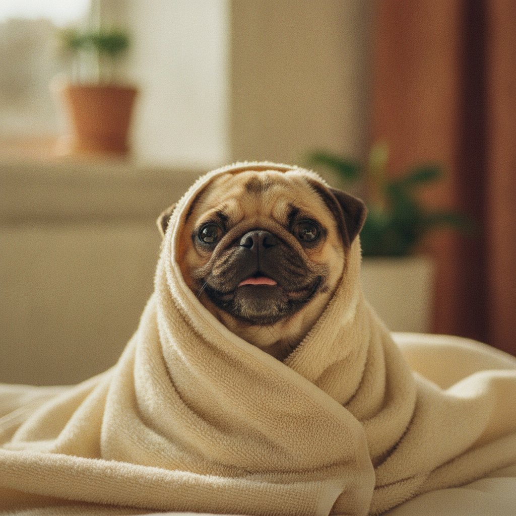A pug wrapped in a cream towel after a bath