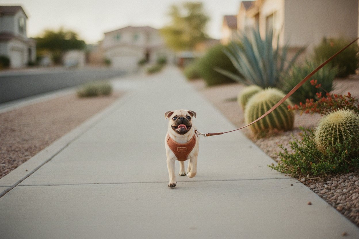 A pug trotting down a sunny Las Vegas sidewalk
