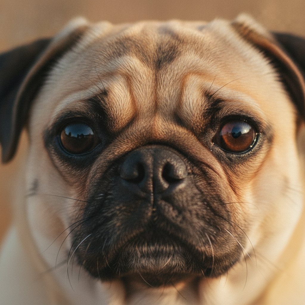 Close-up of a fawn pug's wrinkled face and big eyes