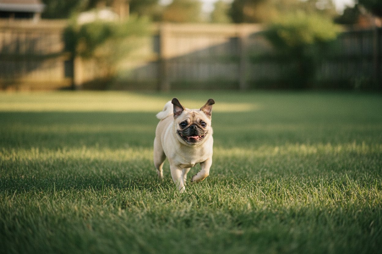 A fawn pug doing zoomies across a sunny lawn