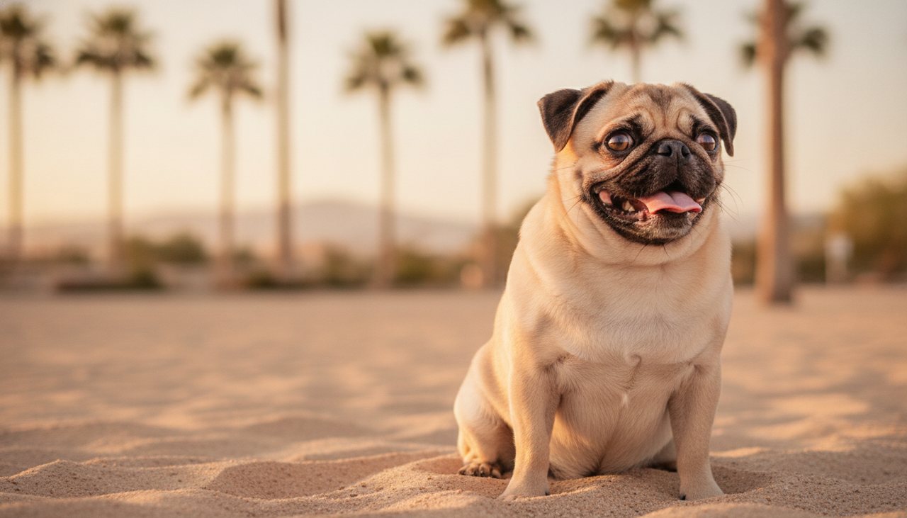A happy fawn pug sitting in warm golden-hour light with Las Vegas palm trees behind