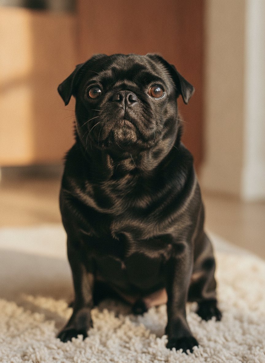 Otis, an adoptable fawn pug, mid-zoomie
